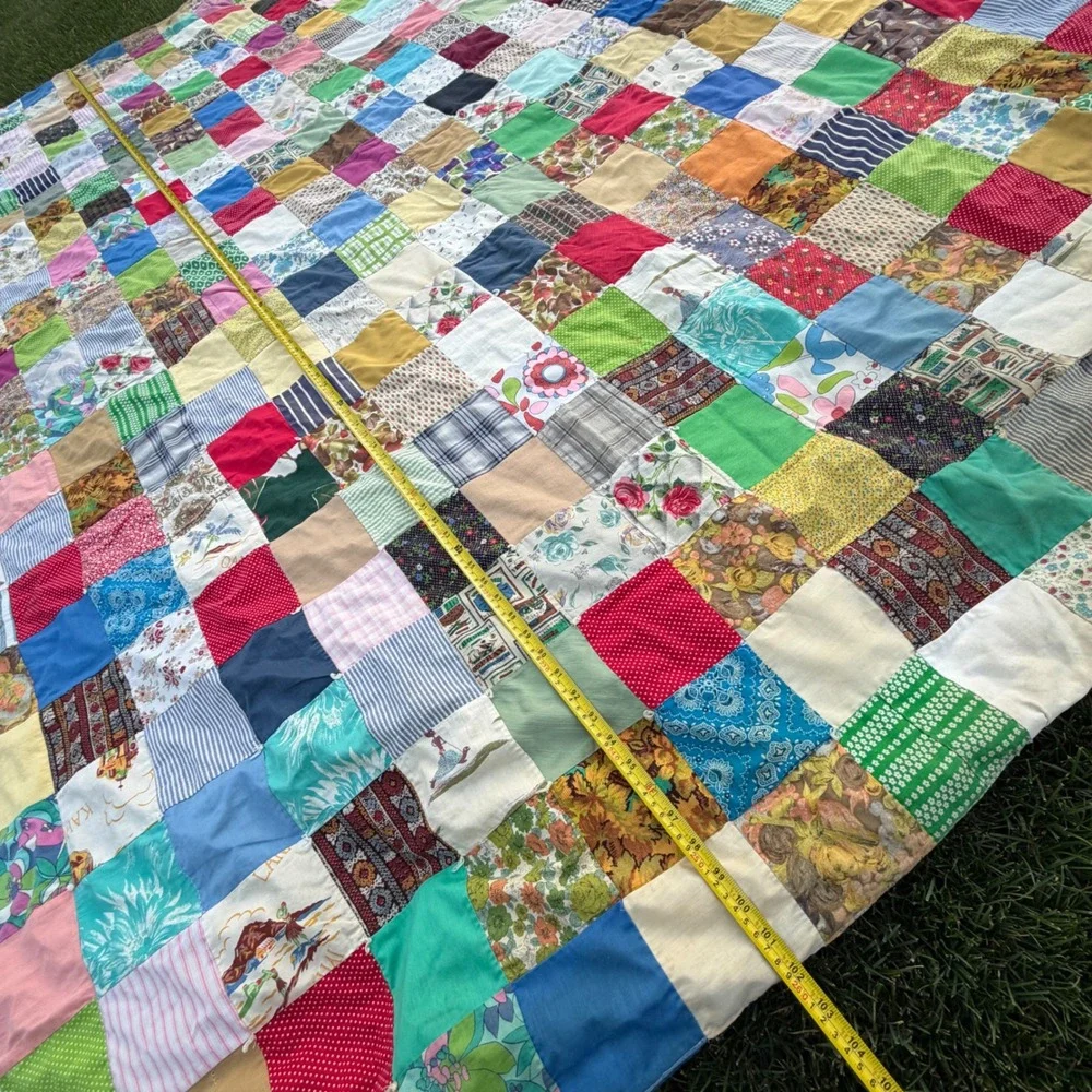 Vintage Handmade Patchwork Tied Quilt Multi Color Scrappy Boho Farmhouse 88x102